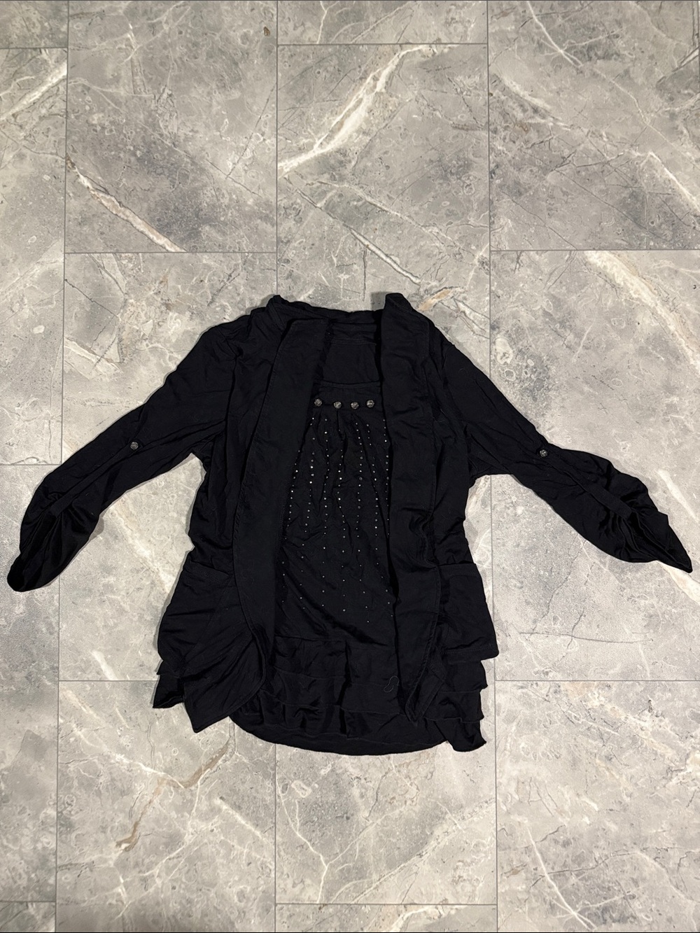 3/$45. Black Women's Layered Open-Front Top with Stud Detail